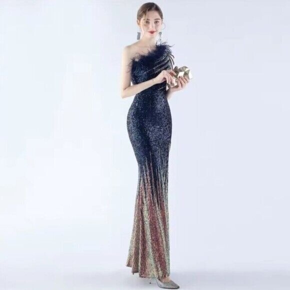 Navy, One Shoulder Beaded, Feather Neck, Sequined/ Mesh, Gradient Mermaid Gown - Picture 10 of 16